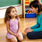 **

A kindergarten teacher kneeling to talk to a child who is upset about a toy. The teacher has a gentle expression and is making eye contact. In the background, other children are playing happily. Emphasize empathy and positive communication.

**