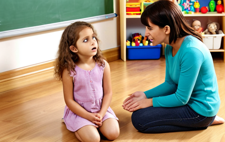 **
A kindergarten teacher kneeling to talk to a child who is upset about a toy. The teacher has a gentle expression and is making eye contact. In the background, other children are playing happily. Emphasize empathy and positive communication.
**