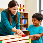 A diverse group of joyful children, ages 5-7, fully clothed in comfortable, modest play attire, collaboratively building an intricate structure with large colorful blocks and natural materials in a brightly lit, spacious early learning classroom. Children are interacting, pointing, and carefully placing elements, showing teamwork and problem-solving. The atmosphere is vibrant and inviting with natural light. Professional photography, high resolution, perfect anatomy, correct proportions, natural poses, well-formed hands, proper finger count, natural body proportions, safe for work, appropriate content, fully clothed, family-friendly, educational setting.