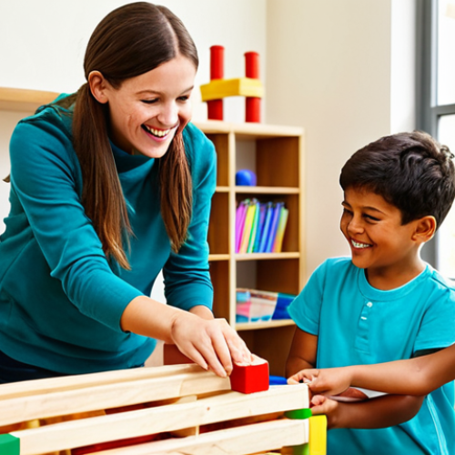 A diverse group of joyful children, ages 5-7, fully clothed in comfortable, modest play attire, collaboratively building an intricate structure with large colorful blocks and natural materials in a brightly lit, spacious early learning classroom. Children are interacting, pointing, and carefully placing elements, showing teamwork and problem-solving. The atmosphere is vibrant and inviting with natural light. Professional photography, high resolution, perfect anatomy, correct proportions, natural poses, well-formed hands, proper finger count, natural body proportions, safe for work, appropriate content, fully clothed, family-friendly, educational setting.