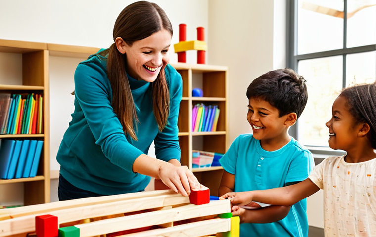A diverse group of joyful children, ages 5-7, fully clothed in comfortable, modest play attire, collaboratively building an intricate structure with large colorful blocks and natural materials in a brightly lit, spacious early learning classroom. Children are interacting, pointing, and carefully placing elements, showing teamwork and problem-solving. The atmosphere is vibrant and inviting with natural light. Professional photography, high resolution, perfect anatomy, correct proportions, natural poses, well-formed hands, proper finger count, natural body proportions, safe for work, appropriate content, fully clothed, family-friendly, educational setting.