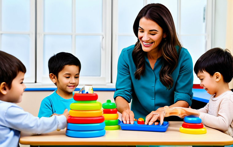 **

"A professional female early childhood educator in a bright and cheerful classroom, interacting with children during playtime, fully clothed, appropriate attire, safe for work, perfect anatomy, natural proportions, family-friendly, high resolution, detailed background showing educational toys and learning materials."

**