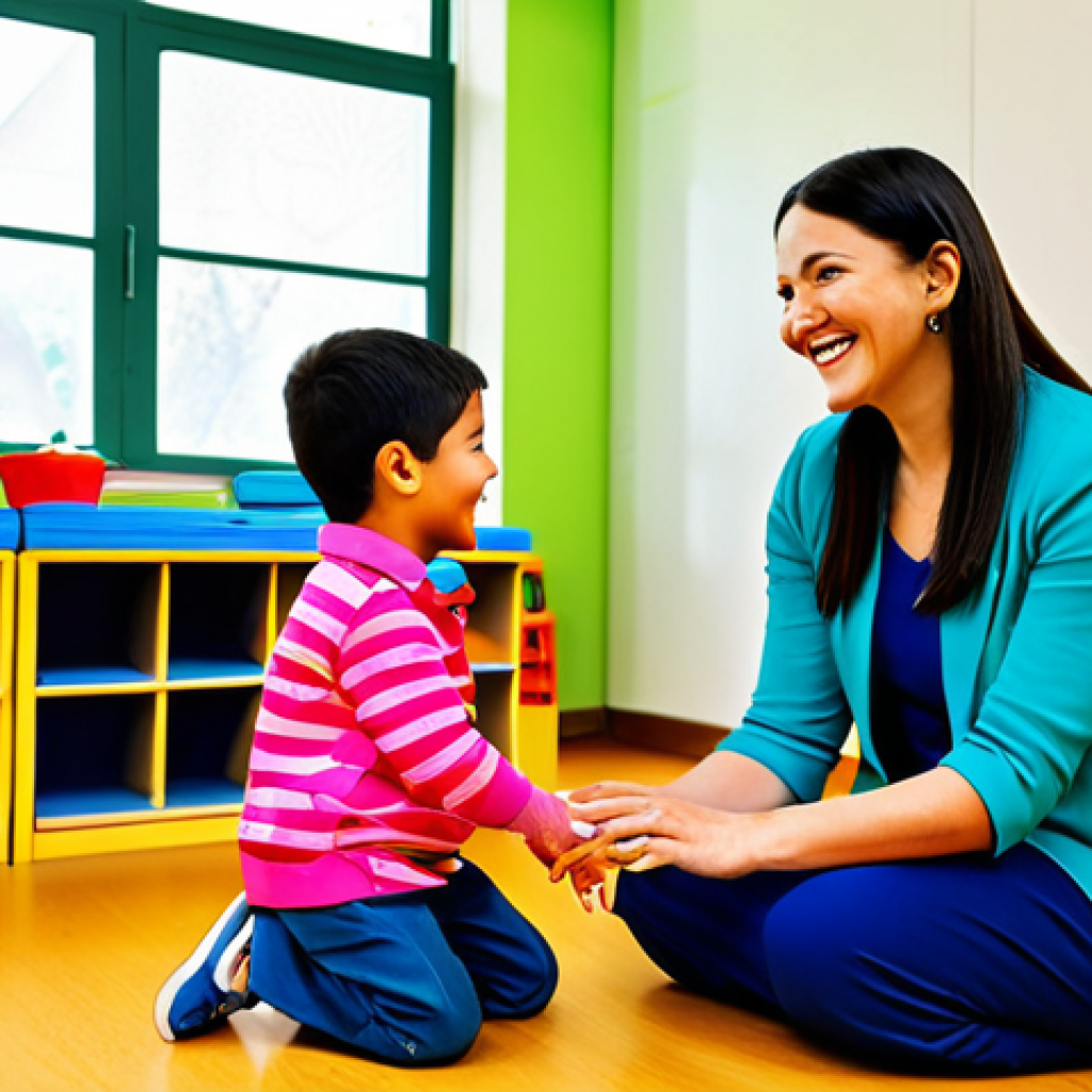 Engaging with Children**

"A friendly, smiling female kindergarten teacher kneeling to eye-level with three children in a bright classroom, all fully clothed in modest, colorful attire, engaging in conversation, perfect anatomy, natural proportions, safe for work, appropriate content, professional, family-friendly, well-lit, cheerful environment."

**