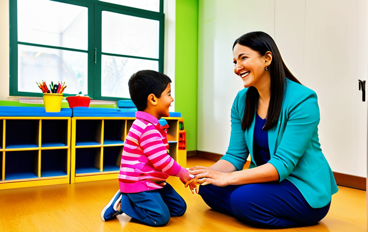 Engaging with Children**

"A friendly, smiling female kindergarten teacher kneeling to eye-level with three children in a bright classroom, all fully clothed in modest, colorful attire, engaging in conversation, perfect anatomy, natural proportions, safe for work, appropriate content, professional, family-friendly, well-lit, cheerful environment."

**