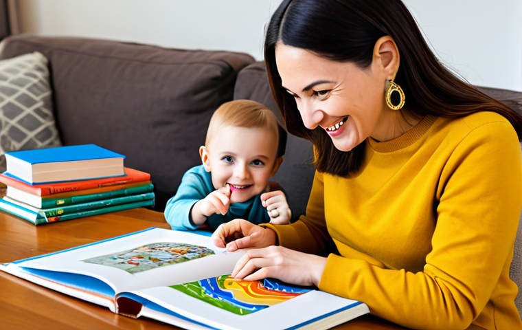 **

A mother and child engaged in a learning activity at home. The mother is smiling and pointing to a picture book, while the child looks on with curiosity. The scene is set in a bright and cozy living room with educational toys and books scattered around. Fully clothed, appropriate attire, safe for work, family-friendly, perfect anatomy, natural pose, high quality.

**