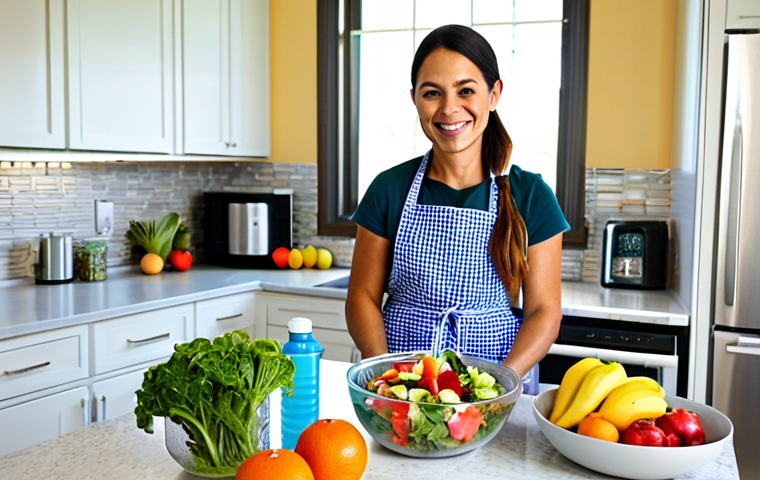 유아교육지도사로서 근무 중 건강 관리법 - Balanced Meal Prep**

A smiling preschool teacher in a bright, modern kitchen preparing a colorful s...