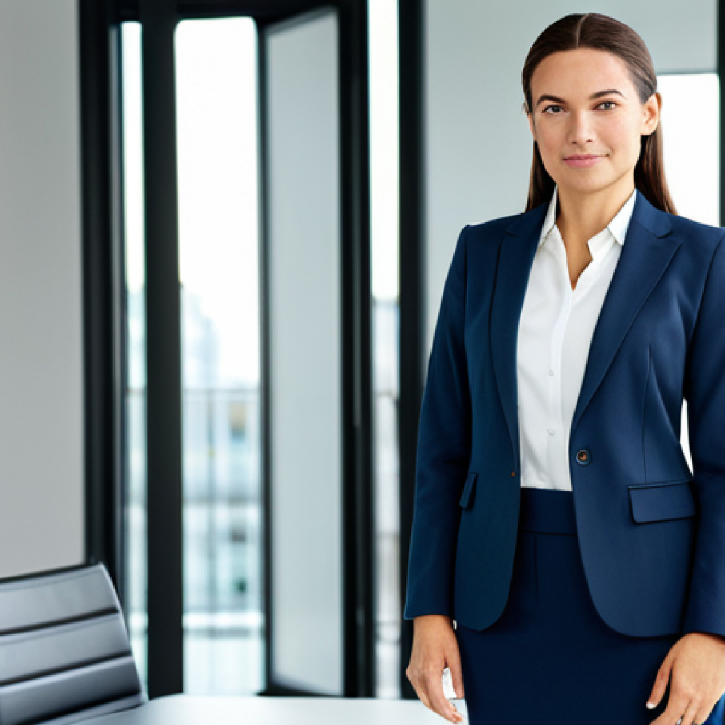 유아교육지도사로서의 경력 전환 후 성공 사례 - **Prompt:** A confident businesswoman in a modern, bright office setting, wearing a tailored profess...