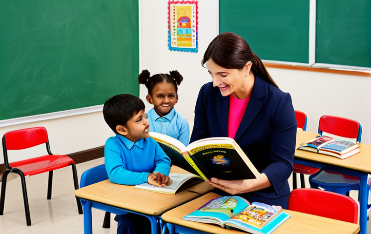 유아교육지도사 취업 시 요구되는 스킬 - **Prompt:** A kindergarten teacher, fully clothed in a modest, professional outfit, engaging with ch...