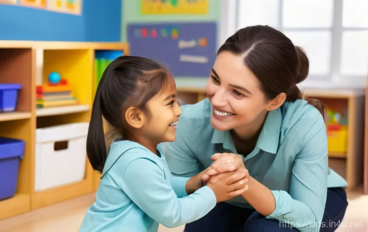 유아교육지도사로서의 강의 스킬 향상법 - A warm and empathetic female preschool teacher, with a genuine smile and sparkling eyes, is kneeling...