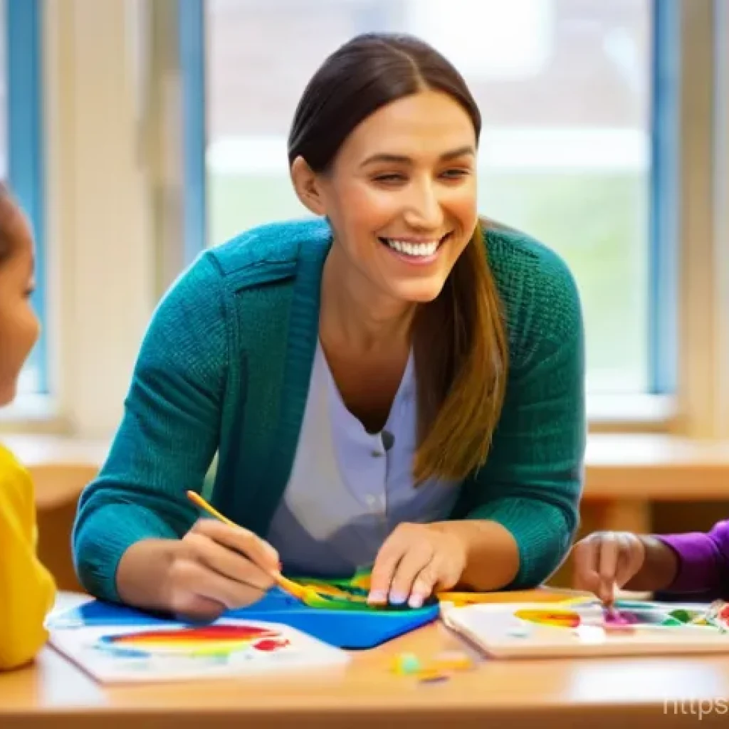 유아교육지도사 연봉 협상 중 실수 방지법 - A cheerful female early childhood educator, approximately 30-40 years old, with a warm smile, wearin...