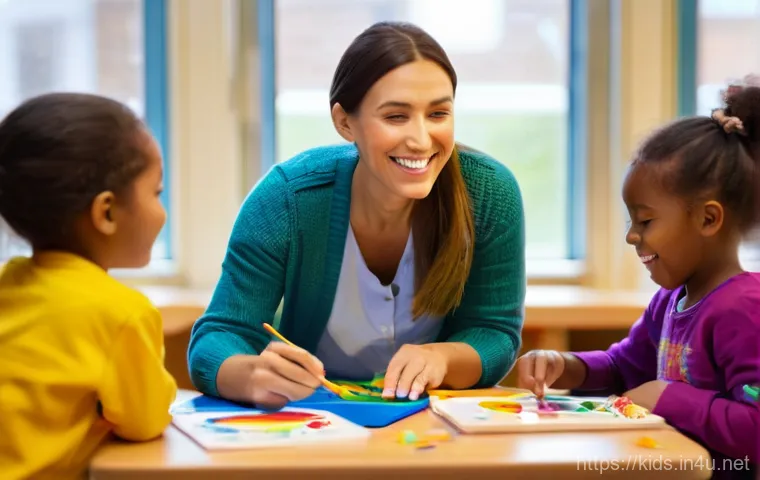 유아교육지도사 연봉 협상 중 실수 방지법 - A cheerful female early childhood educator, approximately 30-40 years old, with a warm smile, wearin...
