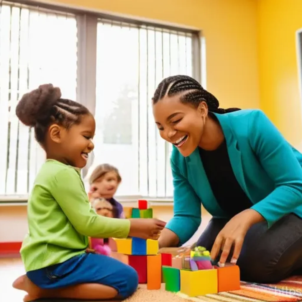 유아교육지도사로서의 직무 관리 및 피드백 - A warm and inviting scene inside a brightly lit early childhood classroom. A kind female early child...