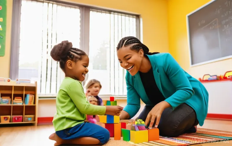 유아교육지도사로서의 직무 관리 및 피드백 - A warm and inviting scene inside a brightly lit early childhood classroom. A kind female early child...
