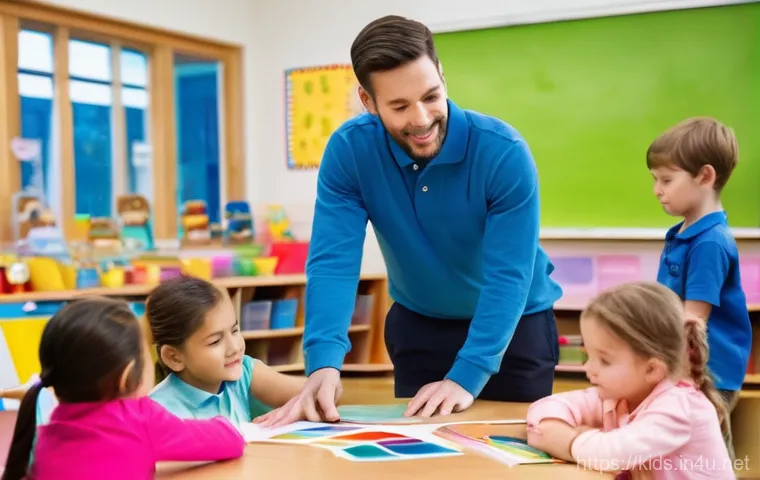 유아교육지도사로서의 직무 관리 및 피드백 - A warm and inviting scene inside a brightly lit early childhood classroom. A kind female early child... 유아교육지도사로서의 직무 관리 및 피드백 - A warm and inviting scene inside a brightly lit early childhood classroom. A kind female early child...