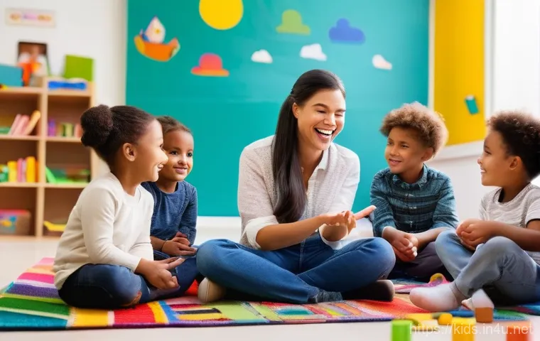 유아교육지도사 실기시험 준비와 관련된 조언 - A vibrant scene in a brightly lit classroom where a kind and confident female early childhood educat...