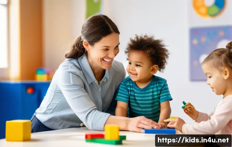 유아교육지도사 자격증 시험 기출문제 모음 - A warm and inviting classroom scene filled with natural light. A female early childhood education in...