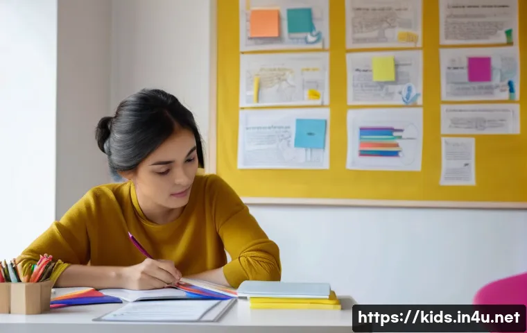 유아교육지도사 필기 시험 고득점 전략 - A focused study scene showing a young adult woman sitting at a tidy desk filled with colorful textbo...