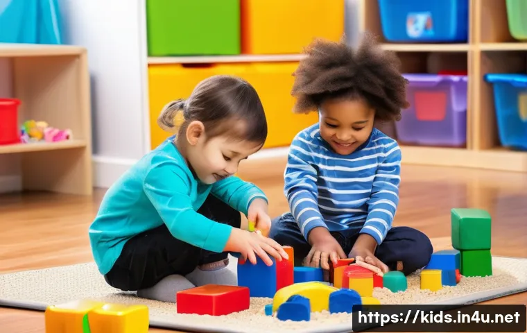 유아교육지도사 강의 계획 작성법 사례 분석 - A vibrant preschool classroom scene showing a group of 3 to 5-year-old children engaged in sensory p...