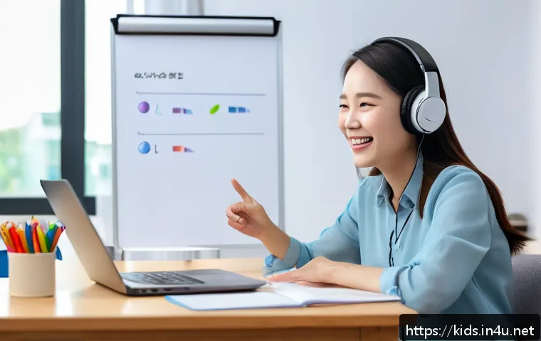 유아교육지도사 강의 중 발생할 수 있는 실수 관리 - A professional female early childhood education instructor giving an online lecture, seated in front...