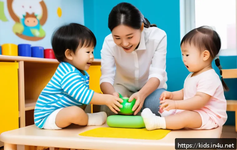 유아교육지도사 필수 이론과 과목 - A warm and engaging classroom scene featuring a diverse group of toddlers wearing diapers, actively ...