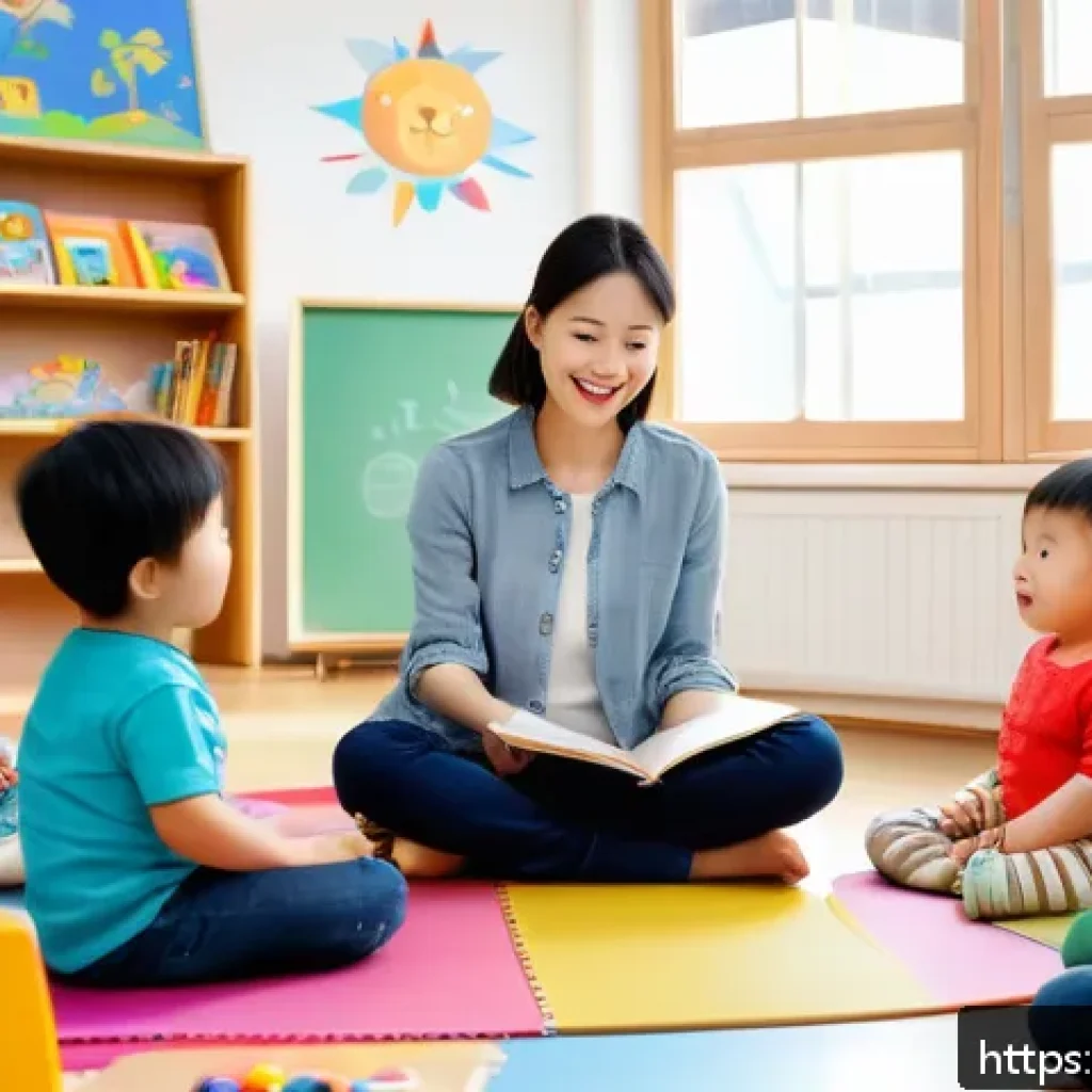 유아교육지도사 실기시험 준비와 실무 적용 사례 - A warm and inviting early childhood classroom scene showing a female teacher conducting a storytelli...