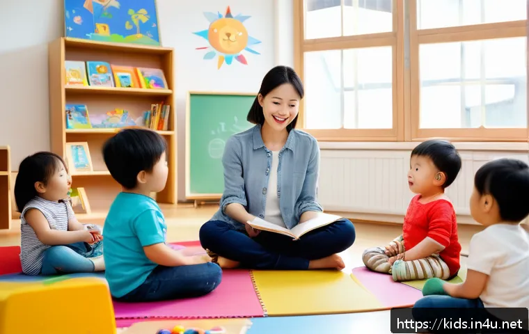 유아교육지도사 실기시험 준비와 실무 적용 사례 - A warm and inviting early childhood classroom scene showing a female teacher conducting a storytelli...