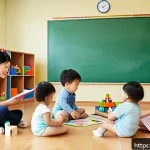 Home 19 유아교육지도사로서의 교육 목표 설계 사례 - A warm and inviting early childhood classroom scene showing a diverse group of toddlers wearing diap...
