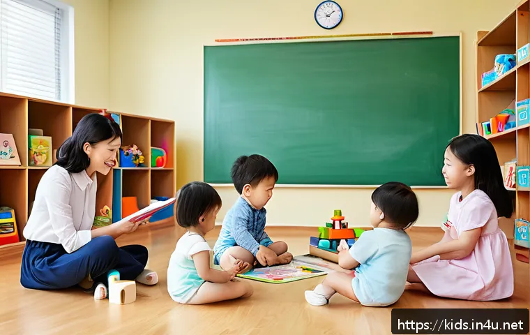 유아교육지도사로서의 교육 목표 설계 사례 - A warm and inviting early childhood classroom scene showing a diverse group of toddlers wearing diap...