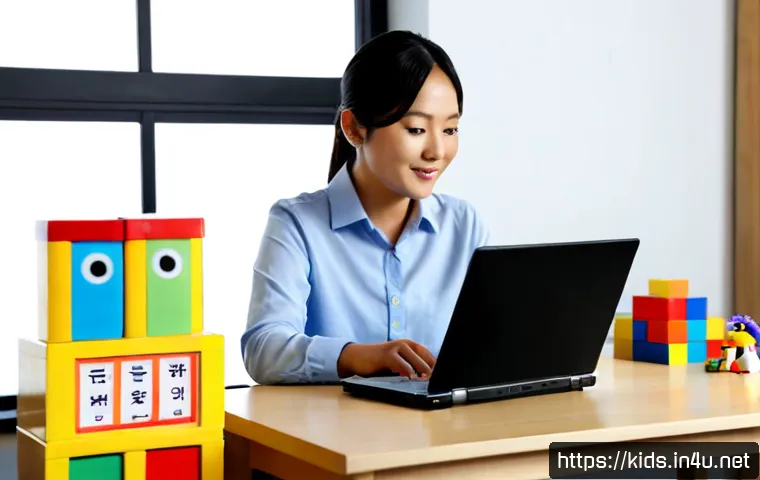 Home 17 유아교육지도사 강의 준비 시 필요한 리소스 - Photorealistic early childhood education instructor preparing a lesson at a bright, tidy home office...