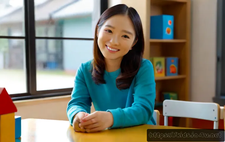Home 17 유아교육지도사로서의 직업 만족도 - Photorealistic early childhood education specialist sitting at a bright classroom table, warmly obse...